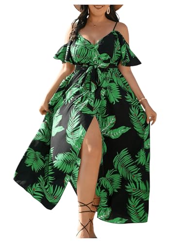 Image of Floerns Women's Plus Size Cold Shoulder Short Sleeve Split Thigh Long Dress