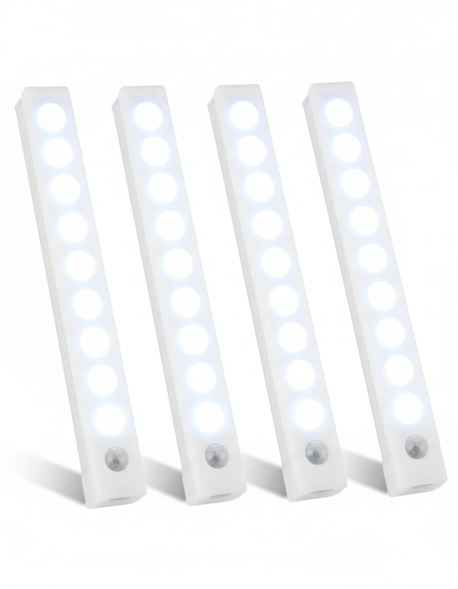 Lytari 4 Pcs Under Cupboard Kitchen Lights, Motion Sensor Lights Indoor Rechargeable Wardrobe Light Magnetic Under Counter Light 4 Modes, Stepless Dimming, for Kitchen Stairs Closet Bedroom Wardrobe