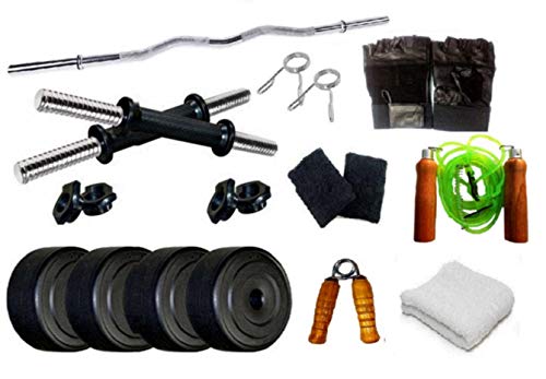 Facto Power FP_3C_DMB_GSWHT_28 Home Gym 28Kg. (5 Kg. X 4 = 20 Kg. + 2 Kg. X 4 = 8 Kg.) with Skipping Rope, Hand Gripper, Wrist Band, Gym Gloves & Gym Towel (Multicolor)