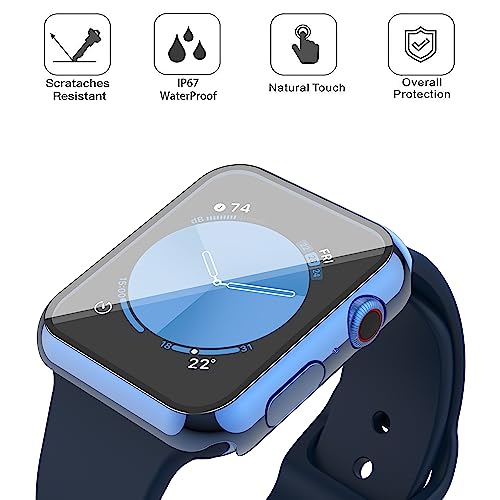 Image of Misxi [2 Pack] Waterproof Case with Button for Apple Watch SE 3 (2025) SE 2 SE Series 6 Series 5 Series 4 44mm, PC Cover with Tempered Glass Screen Protector for iWatch, 1 Blue + 1 Transparent
