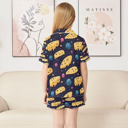 Satin Pajama Sets Short Sleeve Cheese Slices and Planets Pattern Button Down Silky Nightwear 2 Piece PJS 5-14Y4