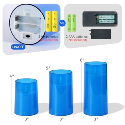 Image of Homemory Realistic Flickering Flameless Blue Candles with Remote & Timer | LED Fake Electric Pillar Candles Battery Operated for Home, Halloween, Christmas Decor, Set of 3