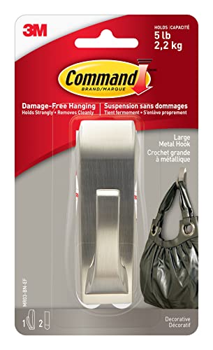 Image of Command MR03-BN-EF Modern Reflections Metal Hook, Large, Brushed Nickel, 1 Hook 2 Large Strips