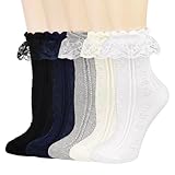 BIVOLU Womens Crew Socks Lace Ruffle Frilly Cotton Cute Princess Ankle Dress Socks for Girl 5 Pack