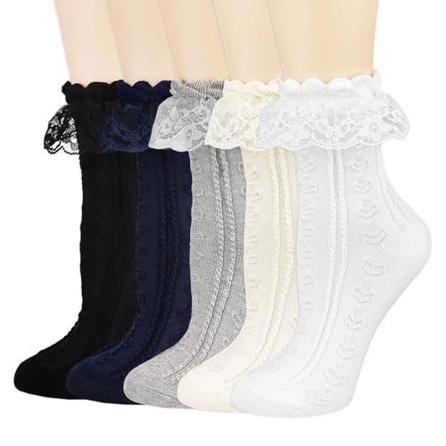 BIVOLU Womens Crew Socks Lace Ruffle Frilly Cotton Cute Princess Ankle Dress Socks for Girl 5 Pack