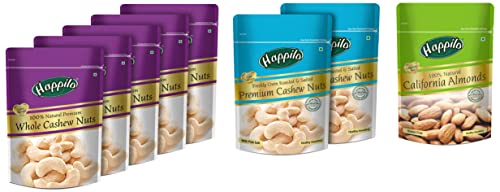 Image of Happilo 100% Natural Premium Californian Almonds,Dried,200g & Premium Roasted and Salted Cashews, 200g (Pack of 2) & Premium 100% Natural Whole Cashews, 200g (Pack of 5)