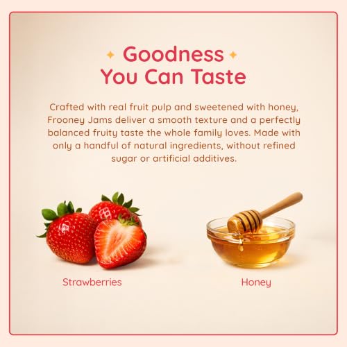 Image of Frooney Strawberry Jam Sweetened with Honey |100% Pure Natural Jam | No Refined Sugar | 46% Real Strawberry | No Artificial Colours or Preservatives | Small Batch Fruit Jam | Clean Label Spread | 350g