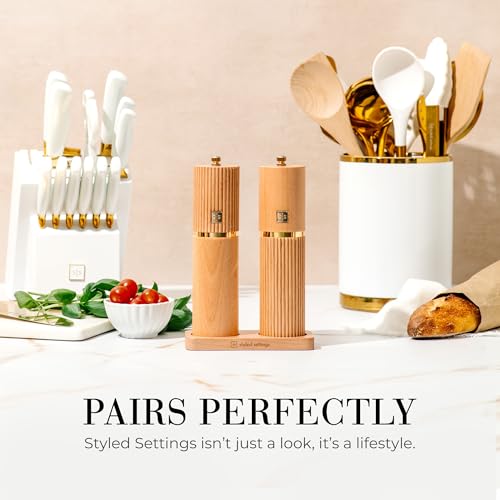 Styled Settings Wooden Salt and Pepper Grinder Set with Gold Accents – Refillable Wooden Manual Salt and Pepper Mill Set with Adjustable Ceramic Mills & Matching Wood Stand - Ideal for Gifting - Image 5