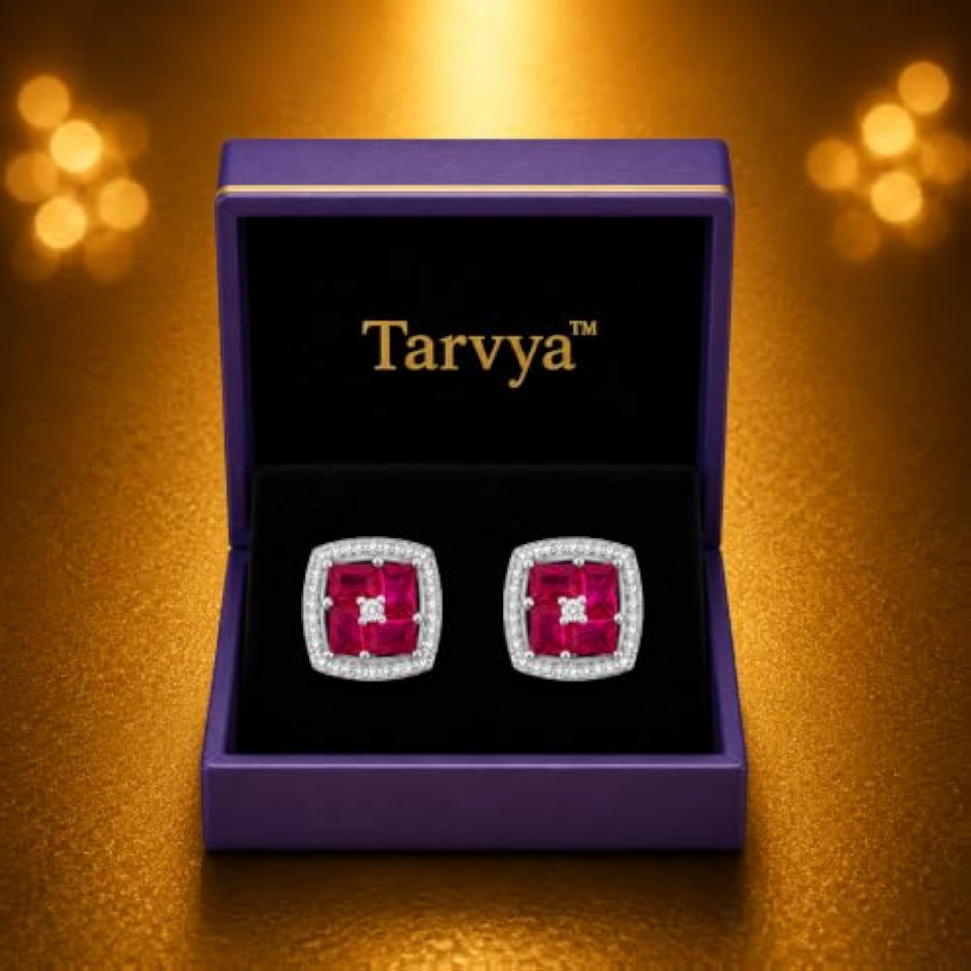 Women's Ruby Red & White Zircon Square Stud Earrings, Timeless Design