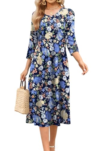 Soesdemo Long Sleeve Dress for Women Casual V Neck Button Down 3/4 Sleeves Midi Dresses with Pockets Blue Flowers Medium
