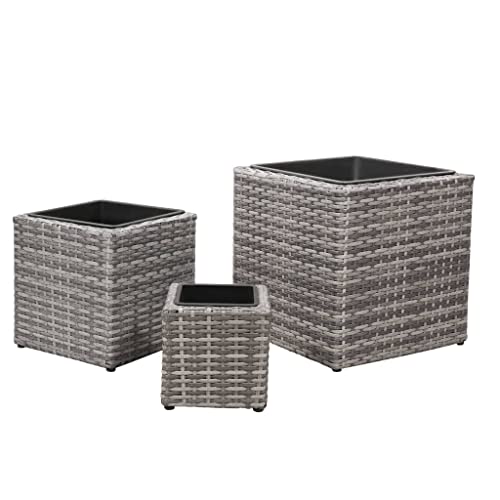 vidaXL Hochbeet 3-TLG. Grau Poly Rattan Blumenkübel Pflanzkübel Blumentopf