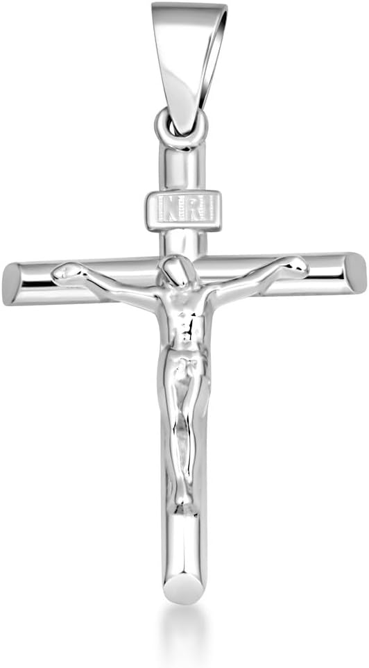 .925 Sterling Silver 1.17” INRI Crucifix Jesus Christ on the Holy Cross Pendant Necklace, Choice of Length