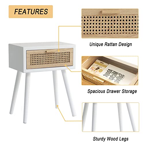 Awasen White Nightstand With Drawer, Rattan Side Table For Bedroom, Modern End Table With Storage And Solid Wood Legs For Living Room, Easy Assembly(White) #TOP3