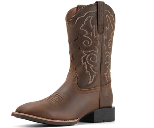 SUREWAY Cowboy Boots For Men - Mens Sport Wide Square Toe Western Boot,Oil/Slip Resistant,Durable Fashionable Classic Pull on 10 Inch Wellington Boots - Leather