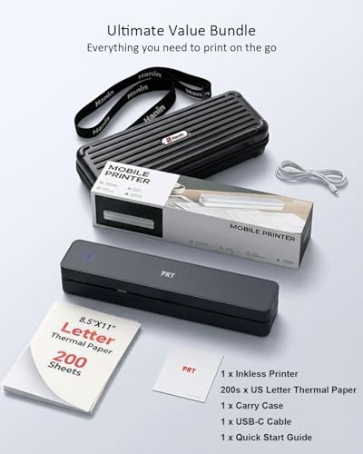 Image of PRT MT610 Inkless Portable Printer Wireless Thermal Mobile Printers with Carry Case & 200 Sheets Paper, Supports 8.5 inchx11 inch US Letter & A4, Bluetooth Travel Printer for Laptop, iOS & Android, Black
