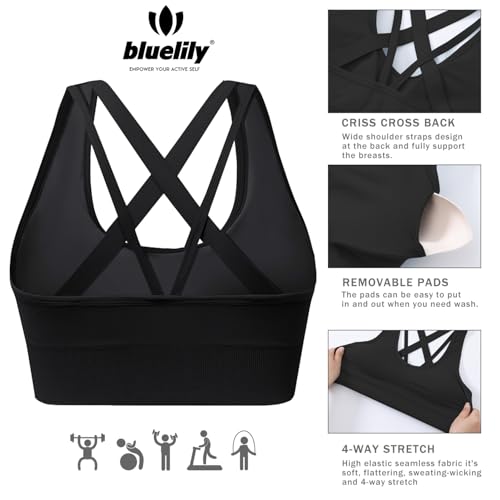 Image of BLUELILY Sports Bra for Women Medium Support Criss Cross Strappy Bras Seamless Padded High Impact Yoga Athletic Exercise Bras