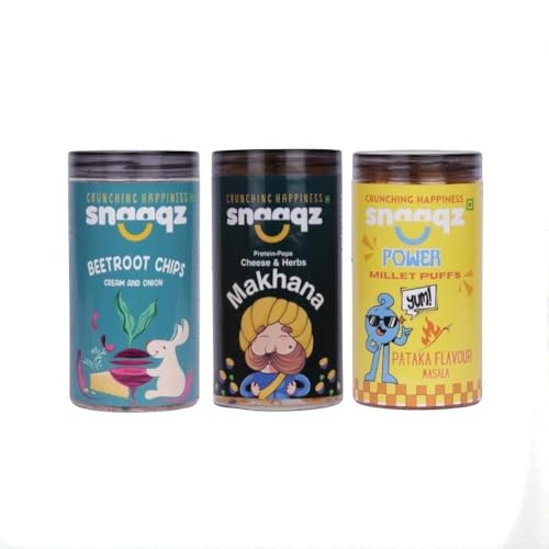Image of Snaaqz Supergrain Snacks Combo 340g | Beetroot Chips Cream & Onion, Cheese & Herbs Makhana & Power Millet Puffs | Pack of 3 | High Protein | Baked & Crunchy | Vegetarian | Low-Calorie | Healthy Snacks for Adults & Kids