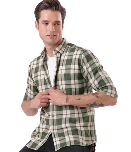 Image of TURMS Men's Casual Checks Shirts, Odor Control, Moisture Wicking, Button Down Collar, Cool Tech Cotton Fabric, Tailored Fit, Full Sleeve