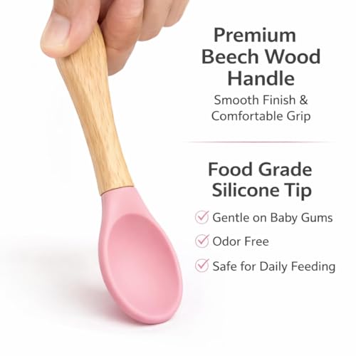 Image of Coofandy Silicone Baby Feeding Bowl with Wooden Handle Spoon,BPA-Free, Non-Slip Baby Feeding Bowl for Self-Feeding, Unbreakable Silicone Non-Slip Suction, Microwave & Dishwasher Safe,(Pink)