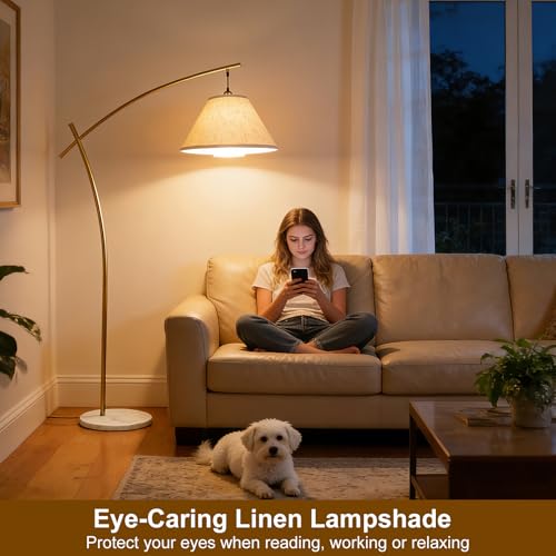 Image of Lightdot Arc Floor Lamp for Living Room, Modern Standing Tall Lamps with Double Linen Lampshade, Tall Hanging Pole Lamp with Bulb Included for Bedroom Sofa Beside /Corner Decor - Gold