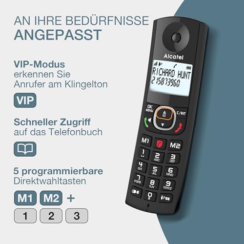 ALCATEL F530 Voice Duo - Schnurloses Festnetztelefon DECT mit Anrufbeantworter - Großes Display - Freisprechfunktion - Anrufblockierungsfunktion - 2 Direktwahltasten - 2 Mobilteile - Schwarz