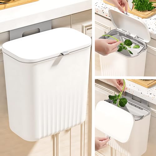 Image of HomeEssentials Plastic Kitchen Dustbin - Modern Lightweight Hanging Garbage Bin for Home, Office / 9 Liters, White /Open Top with Handle /Ideal for Kitchen, Bathroom and Cabinet Door (White)