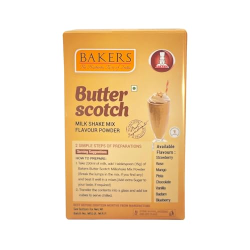Image of BAKERS Milk Shake Mix Powder - Butterscotch Flavor Pack of 4, Each 100g (400 Gram) | Instant Thick & Creamy Shake Mix | Rich & Delicious Dessert Drink | Ready to Mix with Milk | No Preservatives