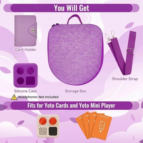Image of Hard Case Compatible with Yoto Mini (2024 Edition), 3-in-1 Travel Bundle: Silicone Cover + Case with Shoulder Strap (Fits Mini Player & Headphones) + Up to 10 Card Holder for YOTO Cards (Purple)