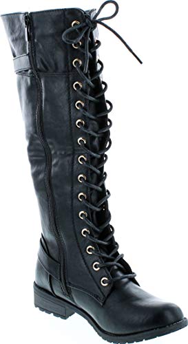 Forever Link 43218-82911 Women'S Strappy Lace-Up Knee High Combat Stacked Heel Boot Black 7.5 B(M) Us thumb #6