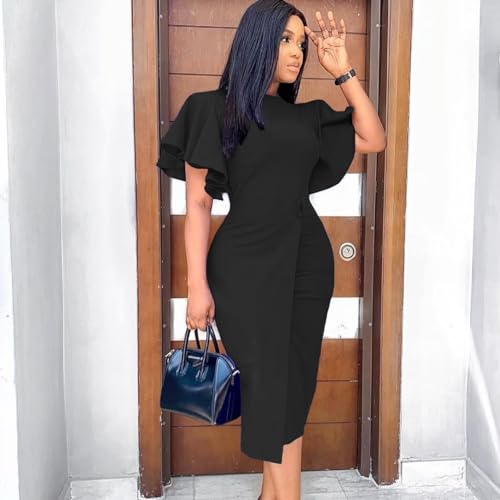 WUSENST Women's Elegant Basic Bodycon Ruffle Flared Short Sleeve Solid Crew Neck Pencil Midi Dress3