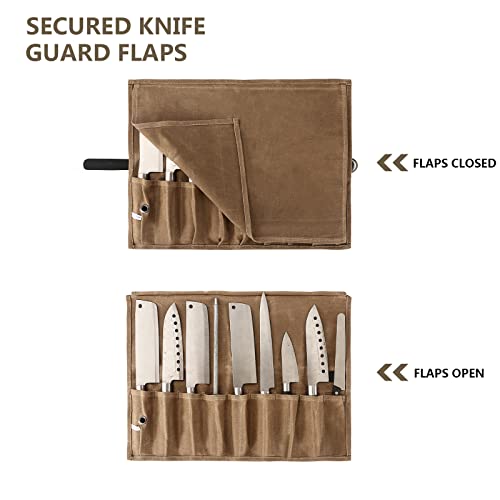 Chef’s Knife Roll Case With 9 Slots,Waxed Canvas Chef Knife Bag, Portable Travel Chef Knife Case With Leather Belt,Knives Holders Protectors,Knife Roll Bags For Chefs Culinary Camping Bbq. (Brown) #TOP2