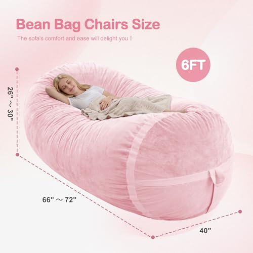 Image of 6FT Bean Bag Chair 6'Giant Bean Bag Chairs with Adults, Large Beanbag Chair | Bean bag Lounger with Machine Washable Cover Dutch Velvet Fabric, Comfy Chairs for Living Room Bedroom Dorm, Pink