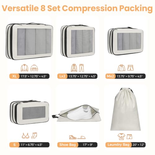 Image of BAGAIL Compression Packing Cubes for Travel Essentials, 8 Set-Beige | Tear‑Resistant Fabric, Space‑Saving, Visible Mesh Panel, Vibrant Color Choices, Travel, Camping & Cruise, Home Storage