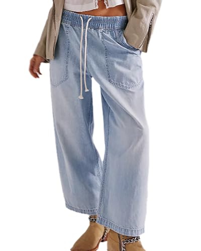 Women's Drawstring Baggy Jeans Trendy Elastic Waisted Boyfriend Wide Leg Denim Pants