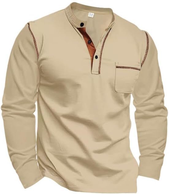 Henley Shirts for Men Loose Fit Long Sleeve Basic Pullover Shirt Collared Athletic Gym Button Tees with Pocket