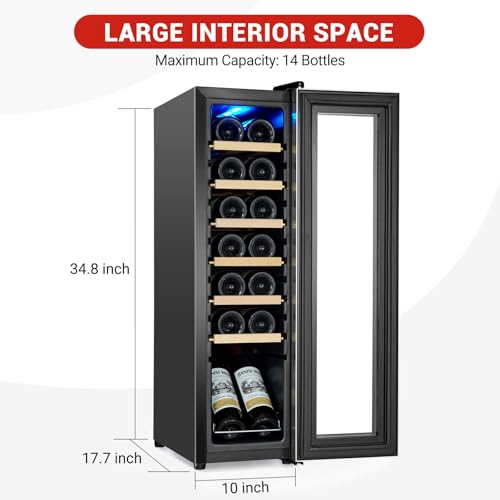 Image of TROPOW 14 Bottle Single Zone Wine Cooler, Compressor Beverage Refrigerator with Digital Temperature Control 41-64f & UV Blocking Glass Door, Freestanding Wine Cellar for Home Bar, Kitchen, Office
