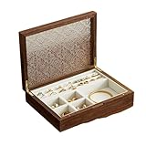 Caja de Almacenamiento de Joyas de Nogal, Interior de Terciopelo Suave, Organizador de baratijas Vintage con Tapa de Vidrio, Ranuras y Compartimentos para anill