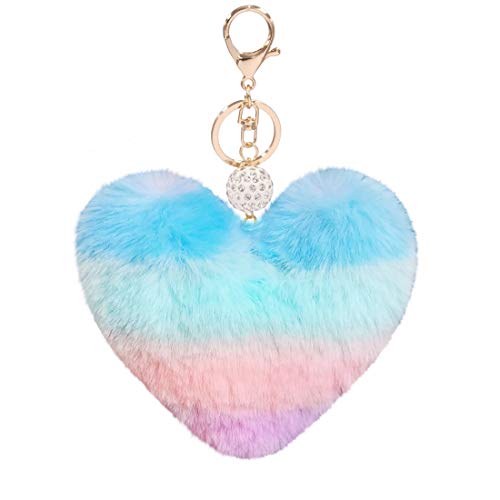 Image of Women's Heart Faux Fur Pom Pom Key Chains Bag Accessory Puffball Keyring Backpack Charms for Girls
