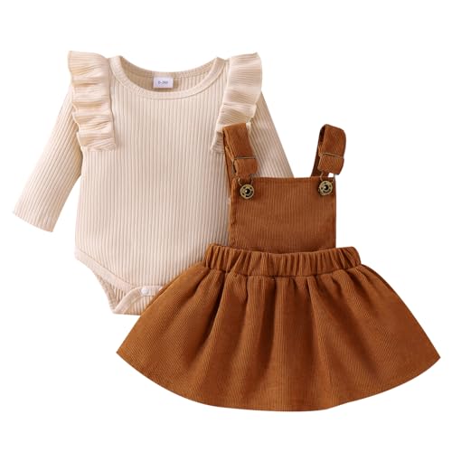 LUVCES Conjunto Faldas para Niñas Recién Nacidas Manga Larga Top con Volantes + Cuadros/Lunares/Pajarita Vestido con Tirantes Otoño Invierno Ropa Trajes Albaricoque 12-18 Meses