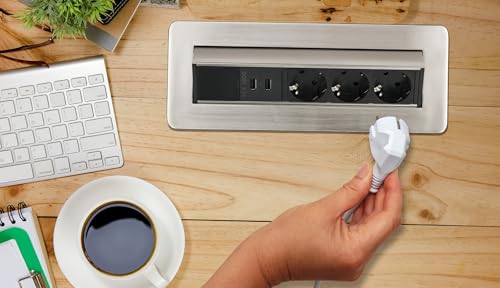 Brennenstuhl Indesk Power USB-Charger Tischsteckdosenleiste/versenkbare Steckdosenleiste 3-Fach (Mehrfachsteckdose mit 2 USB Ladebuchsen, 2m Kabel) Silber/schwarz