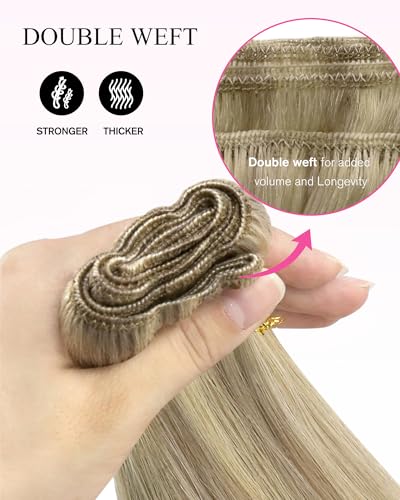Image of YoungSee Sew in Hair Extensions Real Human Hair Blonde Hair Extensions Weft Golden Blond Highlighted Light Blonde Full Head Sew in Bundles Human Hair 16 Inch 100g
