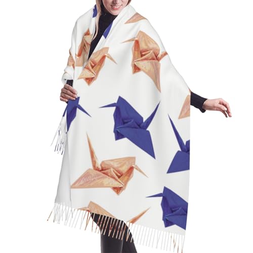 Origami Paper Crane Pattern Tassel Scarf, Winter Warm Scarves Shawls Blanket For Women