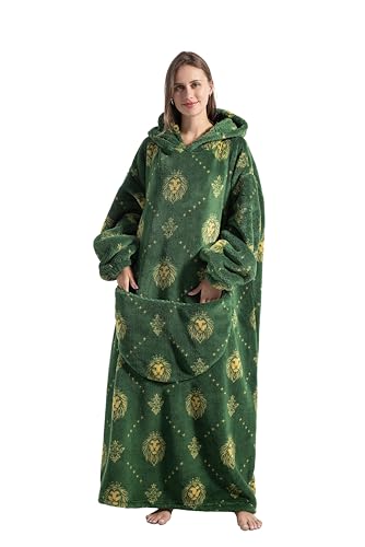 Capecage Blanket Hoodie, Long Hooded Blanket Sweatshirt as Birthday Gifts for Women Men, Long Wearable Blanket for Men Women.(Green Lion)