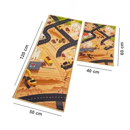 Image of Matz&More Kids Runner & Floor Mat Combo (50x120cm + 40x60cm), Anti Slip Nylon Carpet for Children's Bedroom, Playroom, Bathroom & Nursery, Car Track Brown, Rubber Backed Kids Runner Rug
