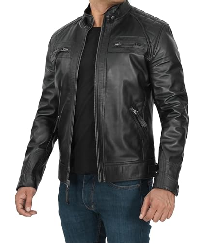Image of Decrum Mens Cafe Racer Leather Jackets - Motorcycle Racing Style Black And Brown Real Lambskin Jacket for Men