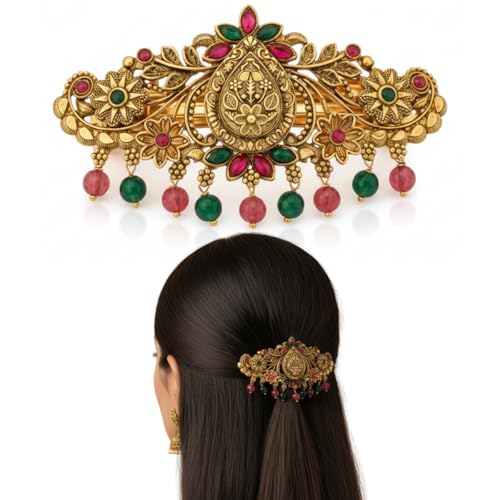 Gold-Plated Antique Hair Clip with Pink & Green Stones & Drops Br...