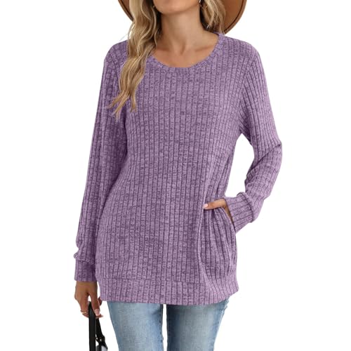 Fall Sweaters for Women Casual Long Sleeve Crew Neck Sweaters Ribbed Knit Fall Loose Tops Sweatshirt with Pockets3