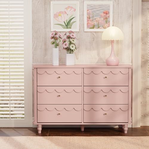 Image of Anbuy Pink Scalloped Nursery Chests and Nursery Chests and Dresser for Kids Bedroom Wood 6 Drawer Dresser, Dressers & Chests of Drawers with Metal Handles for Bedroom, Nursery, Hallway
