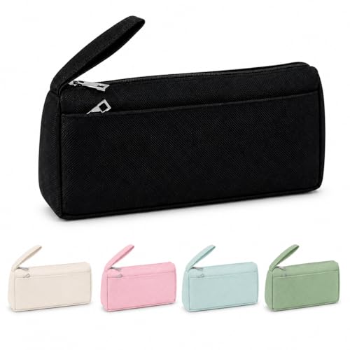 Estojo Organizador Escolar em Tecido Modelo Retangular com Zíper Metálico Dois Bolsos Tecido Resistente Alça para Transporte Espaçoso para Canetas Maquiagem Acessórios Escola Trabalho (Preto)