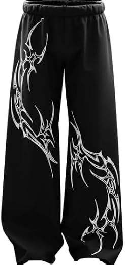 Men's Loose Fit Track Pant, Black with White Tribal Print, Elastic Waist, for Gym, Street Style &amp; Casual Wear